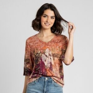 Vintage Mesh Ethnic Print Half Sleeve Top - Small